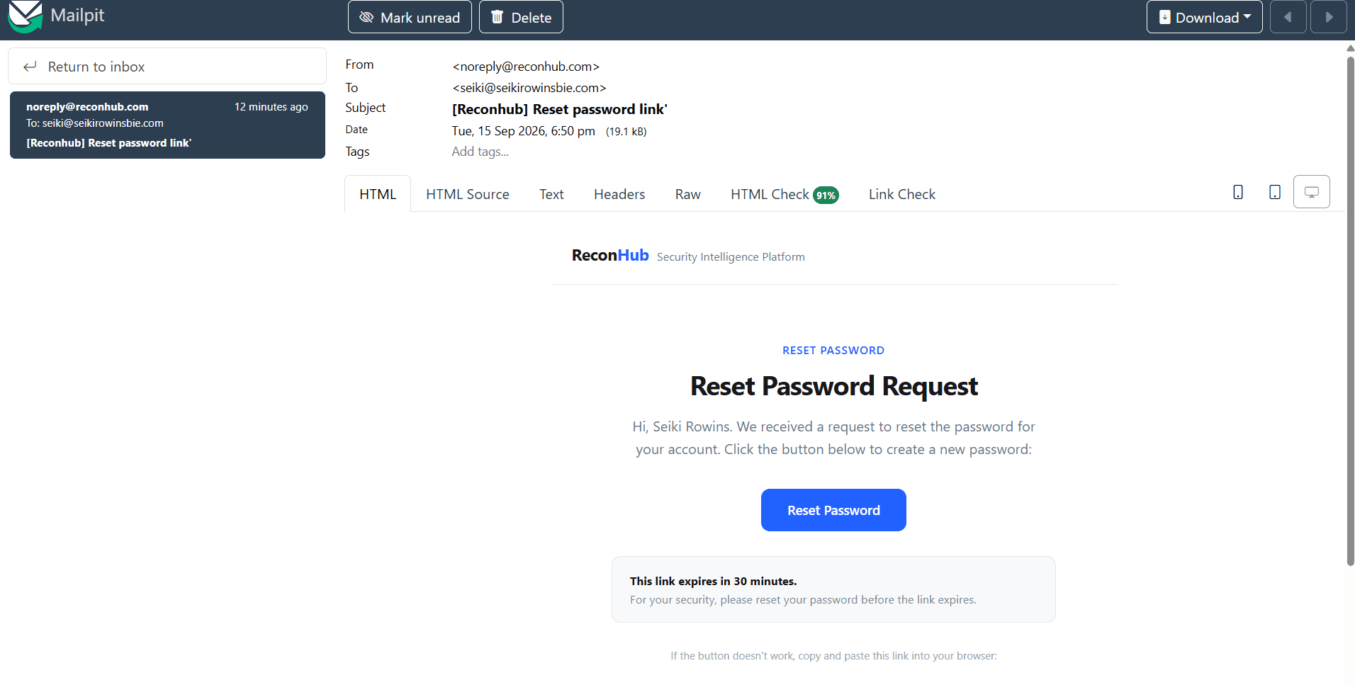 ReconHub password reset page